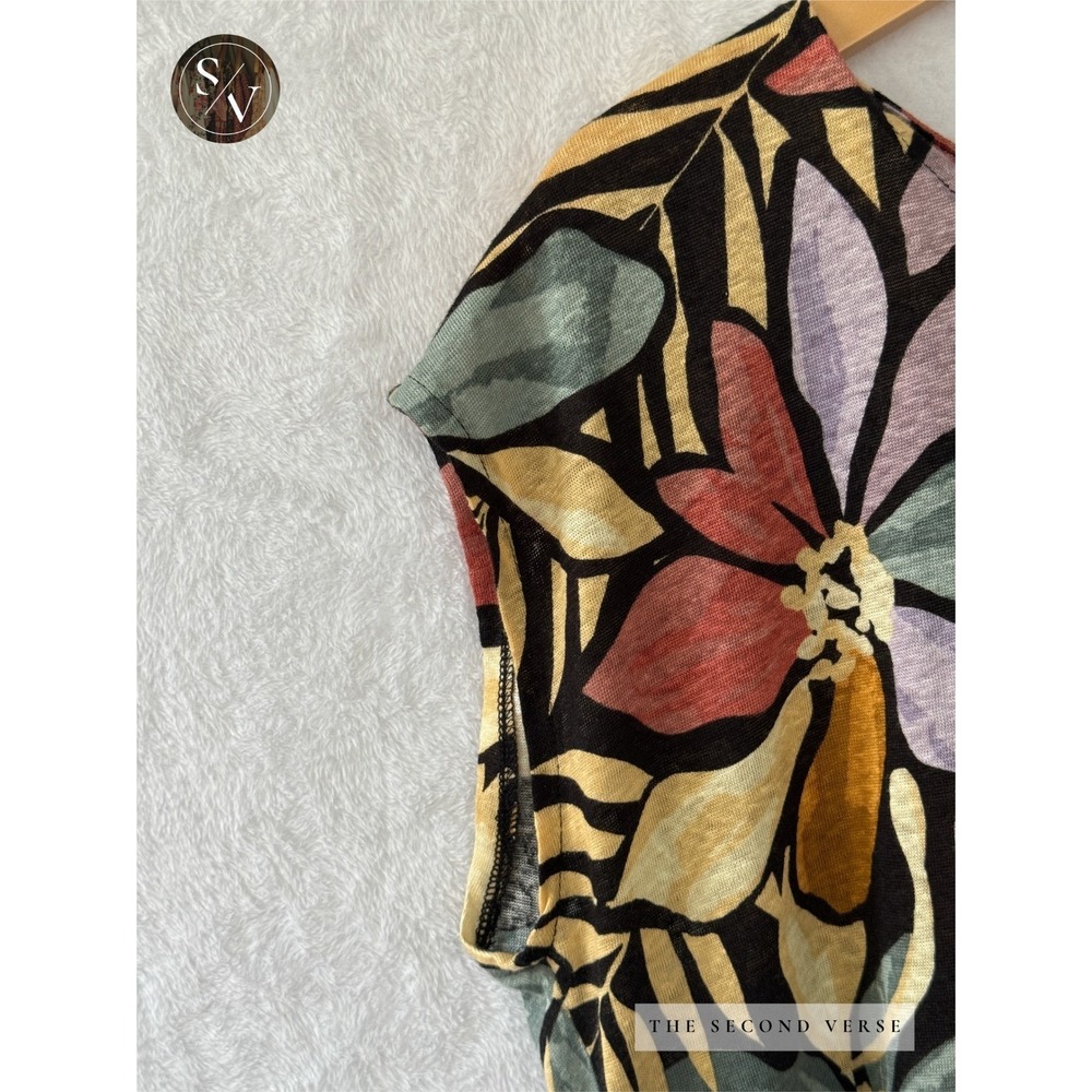 Nicole Miller Top Women XL Boho Floral Linen Button Back Cap Sleeve Multi XL - Picture 3 of 7